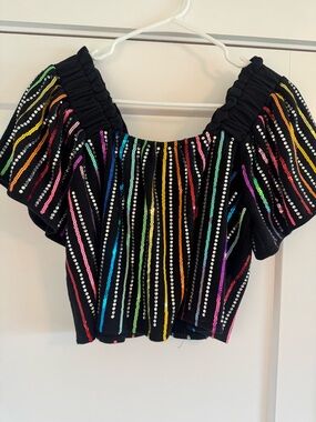 Queen of Sparkles Black Off-Shoulder Cropped Top with Rainbow Sequin Stripes